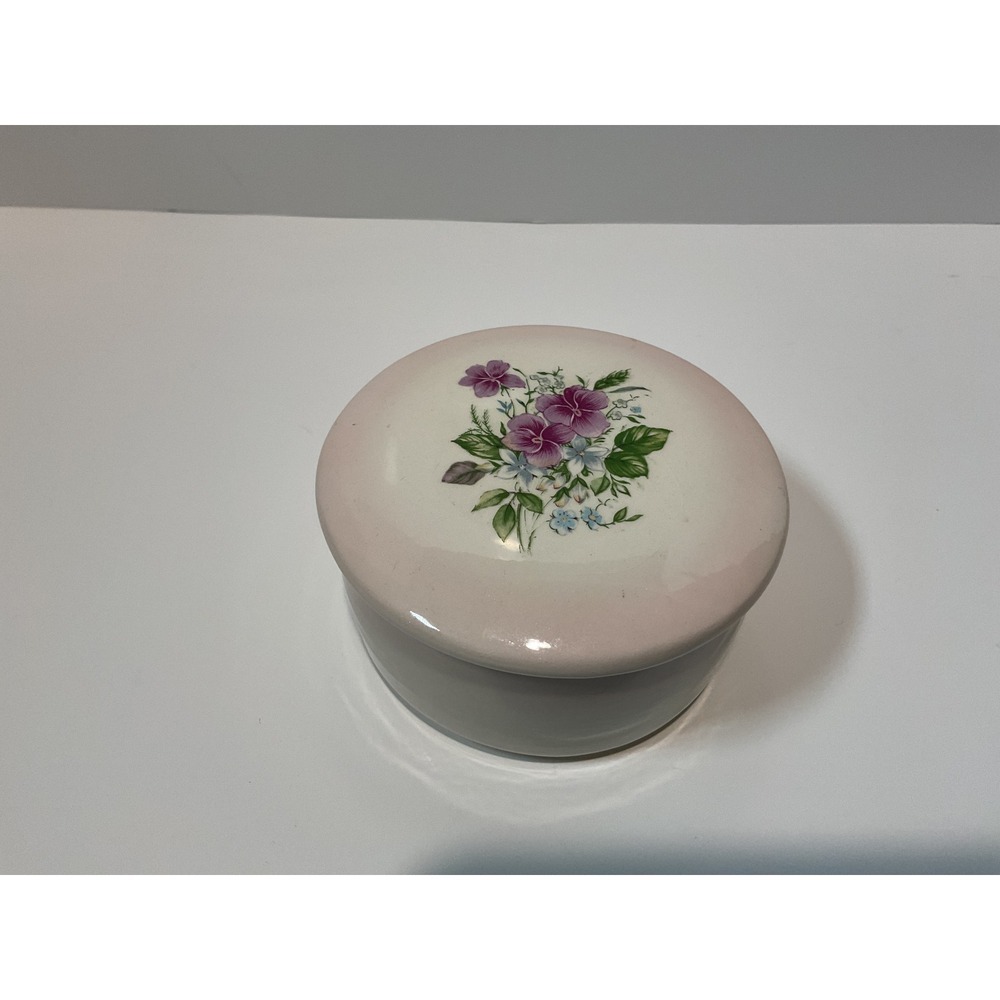 Vintage Ceramic Trinket Box Floral Design Hand Painted‎ Pink Lid